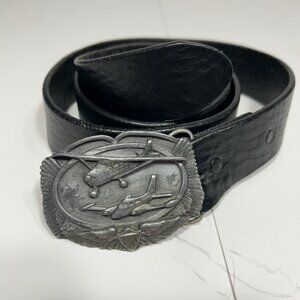 Vtg 80s Siskiyou Silver Pewter Airplanes Belt Buckle & Justin Black Leather Belt